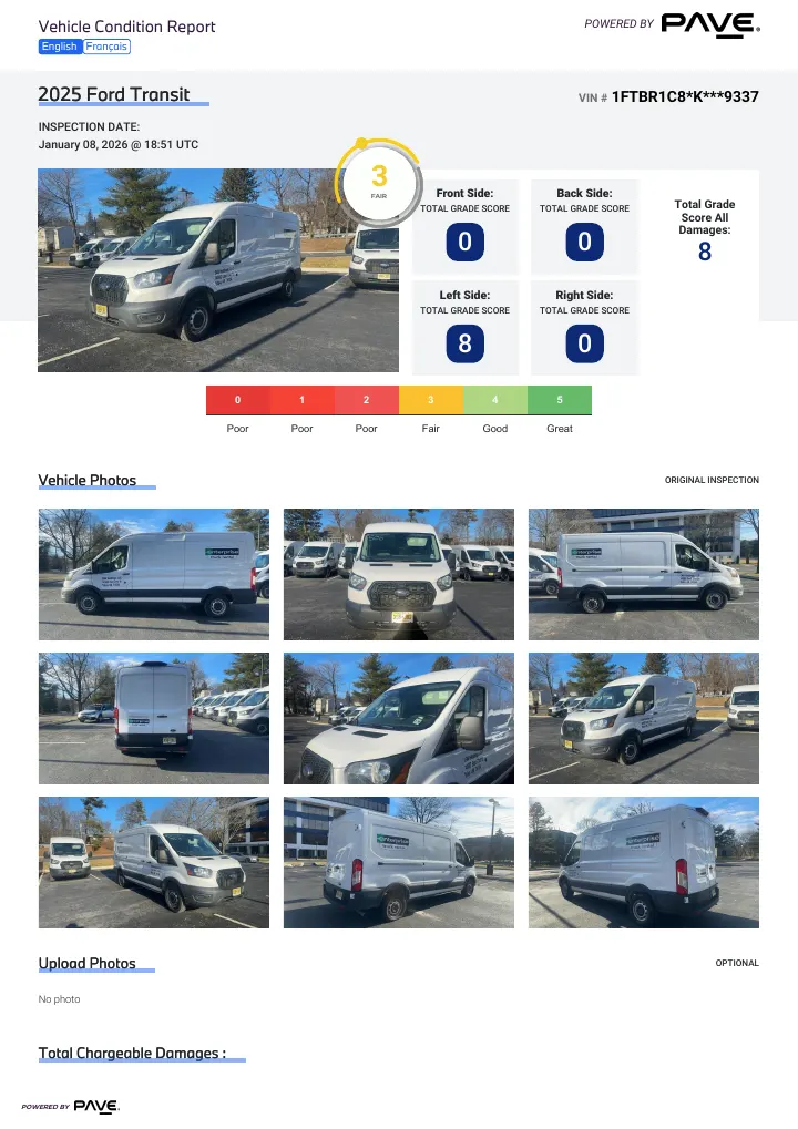 Vehicle report page showing the PAVE® vehicle grade output.