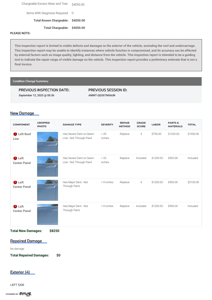 Vehicle report page with focused damage image crops.