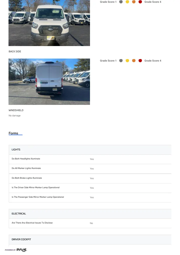 Vehicle report page with severity-based damage classification.